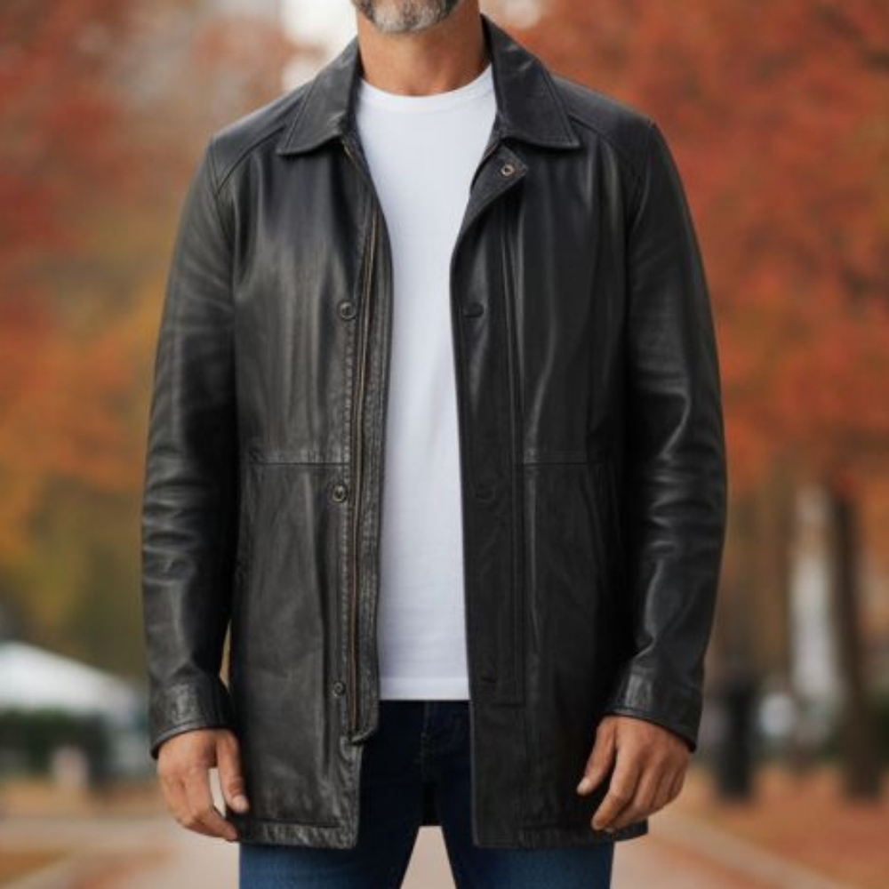 Vintage 70's Mens 9 Pocket Brown Leather Matrix Car Coat sz M
